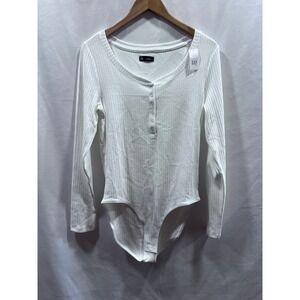 Lot of 2 Gap Womens White Ribbed Henley Long Sleeve Bodysuit Large Minimalist